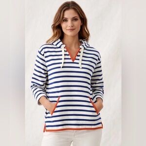 J. Crew Weekend V-Neck Hoodie, Blue/White Stripes, Orange Trim, Mariner Cloth,XS